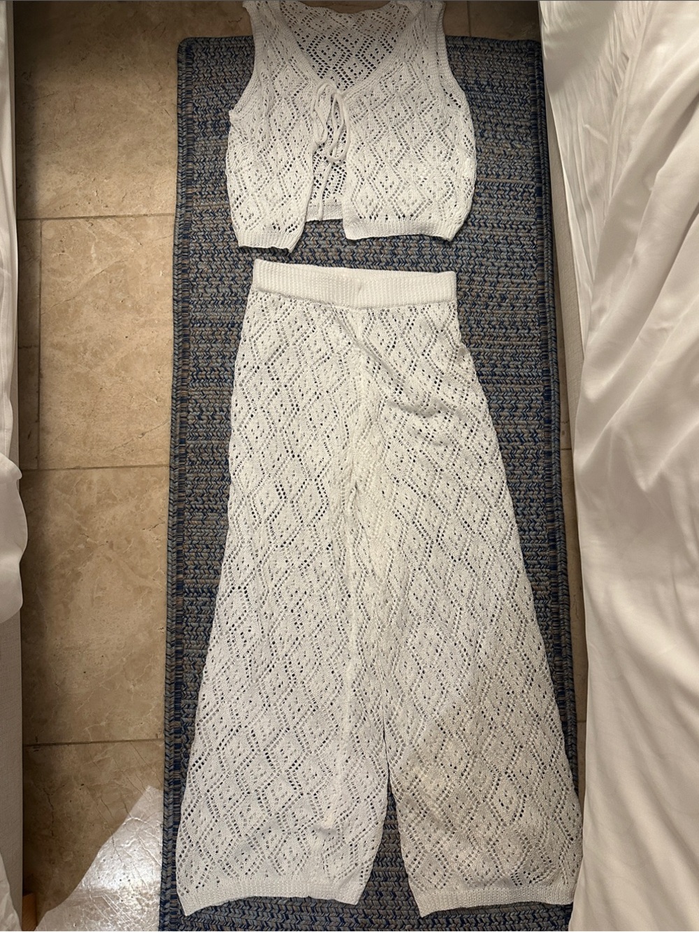 White Crochet Knit Wide-Leg Pant Cover up set